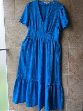 Boden Eve Midi Dress  Double Cloth 100% Cotton Gauze Pockets Stretchy Waist 10 L